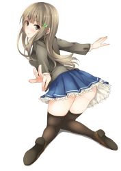 Rule 34 | 1girl, ass, brown eyes, brown hair, hair ornament, hairclip, kneeling, loafers, long hair, looking back, original, outstretched arms, shoe soles, shoes, skirt, smile, solo, spread arms, thighhighs, unasaka ryou, zettai ryouiki