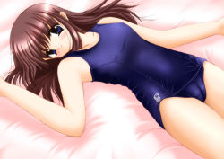 Rule 34 | 1girl, bed, blue eyes, blush, breasts, brown hair, cameltoe, cleft of venus, covered erect nipples, kisaragi mic, long hair, medium breasts, nipples, one-piece swimsuit, school swimsuit, solo, swimsuit