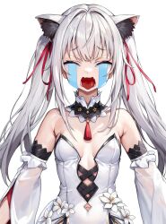 Rule 34 | 1girl, animal ear fluff, animal ears, bare shoulders, breasts, cat ears, closed eyes, commentary request, crying, detached sleeves, dikko, dikko-chan, dot nose, facing viewer, fang, grey hair, hair between eyes, hair ribbon, highres, leotard, long hair, meme, open mouth, original, ribbon, simple background, skin fang, small breasts, solo, straight-on, strapless, tears, tongue, tongue out, uohhhhhhhhh! (meme), white background, white leotard, white sleeves