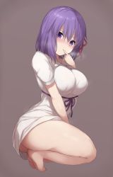 Rule 34 | 1girl, ass, bare legs, barefoot, blush, breasts, brown background, collared dress, commentary request, dress, fate/stay night, fate (series), finger to mouth, full body, hair between eyes, hair ribbon, heaven&#039;s feel, highres, ichijou (kr neru0), large breasts, looking at viewer, looking to the side, matou sakura, official alternate costume, puffy short sleeves, puffy sleeves, purple eyes, purple hair, red ribbon, ribbon, short sleeves, simple background, solo, squatting, thighs, white dress