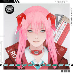 Rule 34 | 1girl, absurdres, aqua eyes, barcode, blue necktie, character name, collar, collared shirt, english text, grey background, hair between eyes, headgear, highres, jacket, looking at viewer, necktie, open clothes, open jacket, park junkyu, parted lips, pink hair, portrait, red jacket, shirt, smile, solo, the girls of armament, weapon, weapon on back, white shirt