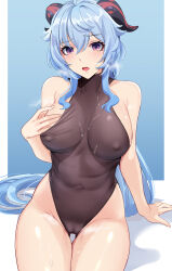 Rule 34 | 1girl, absurdres, bare arms, bare legs, bare shoulders, blue background, blue hair, blush, bodysuit, breasts, cameltoe, collarbone, covered erect nipples, covered navel, ganyu (genshin impact), genshin impact, goat horns, hand on own chest, highleg, highleg leotard, highres, horns, large breasts, leotard, long hair, looking at viewer, noise paper, open mouth, paid reward available, purple eyes, sideboob, sleeveless, solo, thigh gap, thighs, very long hair