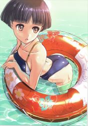 Rule 34 | 10s, 1girl, ass, bird, black eyes, black hair, blush, bowl cut, breasts, brown eyes, competition school swimsuit, duck, girls und panzer, highres, innertube, konparu nozomi, leaning forward, nenchi, one-piece swimsuit, parted lips, pool, rabbit, scan, school swimsuit, short hair, small breasts, solo, standing, swim ring, swimsuit, turtle, wading