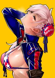 Rule 34 | 1girl, absurdres, american flag bikini, bikini, black choker, blue jacket, breasts, bun cover, choker, closed eyes, cropped jacket, double bun, fate/grand order, fate (series), flag print, from side, front-tie bikini top, front-tie top, hair bun, head back, heavy breathing, highres, hot, jacket, large breasts, miyamoto musashi (fate), miyamoto musashi (fate/grand order), miyamoto musashi (swimsuit berserker) (fate), miyamoto musashi (swimsuit berserker) (second ascension) (fate), o-ring, pink hair, popped collar, short hair, sideboob, sleeves pushed up, solo, spaghetti strap, strap gap, sweat, swimsuit, underboob, upper body, yellow background, yotaro