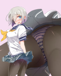 Rule 34 | 10s, 1girl, arms behind back, black pantyhose, blue eyes, blush, breasts, female focus, from below, from side, hair ornament, hair over one eye, hairclip, hamakaze (kancolle), highres, kantai collection, large breasts, looking at viewer, mtu (orewamuzituda), multiple views, open mouth, panties, panties under pantyhose, pantyhose, pantyshot, pleated skirt, school uniform, serafuku, short hair, silver hair, simple background, skirt, striped clothes, striped panties, underwear, upskirt, wind