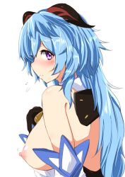 Rule 34 | 1girl, absurdres, backless outfit, bell, black bodysuit, blue hair, blush, bodysuit, breasts, breasts out, closed mouth, commentary, cowbell, detached sleeves, embarrassed, from side, ganyu (genshin impact), genshin impact, goat horns, hair between eyes, hand on own chest, highres, horns, houkai (collapse illust), large breasts, light blue hair, long hair, looking at viewer, nipples, profile, purple eyes, simple background, solo, sweatdrop, upper body, white background