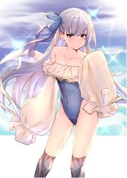 Rule 34 | 1girl, absurdres, bare shoulders, blue bow, blue one-piece swimsuit, blue ribbon, bow, breasts, closed mouth, collarbone, commentary request, covered navel, fate/grand order, fate (series), highleg, highleg swimsuit, highres, long hair, looking at viewer, meltryllis, meltryllis (fate), meltryllis (swimsuit lancer) (fate), meltryllis (swimsuit lancer) (second ascension) (fate), off-shoulder one-piece swimsuit, one-piece swimsuit, otomo, purple hair, ribbon, simple background, small breasts, solo, sparkle, standing, strapless, strapless one-piece swimsuit, swimsuit, thighhighs, thighs, very long sleeves