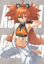 1girl absurdres ahoge animal_ears arm_behind_head armpits barefoot breasts character_name eyepatch fake_animal_ears highres koleda_belobog linea_alba looking_at_viewer mutsuki_albino navel orange_eyes orange_hair paid_reward_available sharp_teeth small_breasts solo teeth twintails zenless_zone_zero