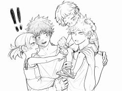 Rule 34 | !, !!, 1girl, 3boys, bakugou katsuki, bare arms, biting, blush, boku no hero academia, carrying, child, collarbone, drooling, food, freckles, greyscale, hair ornament, happy, highres, holding, ice cream, ice cream cone, looking at another, midoriya izuku, monochrome, multiple boys, on shoulder, overalls, scar, scar on arm, short hair, smile, spiked hair, wengwengchim