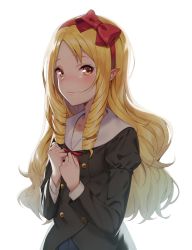 Rule 34 | 1girl, bad id, bad twitter id, blonde hair, blush, bow, brown eyes, closed mouth, collarbone, drill hair, drill sidelocks, eromanga sensei, gorilla (perricotento), hairband, long hair, long sleeves, looking at viewer, pointy ears, red bow, sidelocks, smile, solo, yamada elf