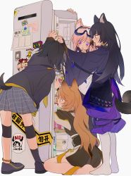 Rule 34 | 4girls, animal ears, arknights, bare legs, barefoot, beads, black footwear, black hair, black jacket, black kimono, blush, braid, brown eyes, brown hair, cardigan (arknights), ceobe (arknights), clothing cutout, dog ears, dog girl, dog tail, eating, finger to mouth, full body, goggles, goggles on head, grey skirt, highres, hood, hooded jacket, jacket, jackie (arknights), japanese clothes, kimono, knee pads, latutou1, leaning forward, long hair, long sleeves, material growth, miniskirt, multiple girls, no shoes, oripathy lesion (arknights), pants, pantyhose, parted lips, pink hair, prayer beads, purple eyes, purple pants, refrigerator, saga (arknights), short hair, side braid, simple background, sitting, skirt, standing, tail, tail through clothes, trait connection, very long hair, white background, white legwear, wide sleeves