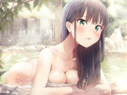 Rule 34 | 10s, 1girl, ass, bad anatomy, black hair, blunt bangs, blush, breasts, cleavage, collarbone, green eyes, hair over shoulder, kurosawa dia, leaf, long hair, looking at viewer, love live!, love live! sunshine!!, medium breasts, mole, mole under mouth, onsen, outdoors, shaka (staito0515), solo, steam, towel, water, water drop