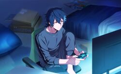 Rule 34 | 1boy, barefoot, bedroom, black hair, controller, fingernails, game controller, gray reverse, hair between eyes, happy elements, helios rising heroes, highres, holding, holding controller, holding game controller, male focus, official art, pants, shirt, solo, television, third-party source