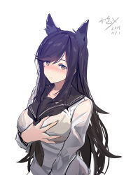 Rule 34 | 1girl, animal ears, atago (azur lane), atago (school traumerei) (azur lane), atago (school traumerei) (azur lane), azur lane, black hair, black neckerchief, blush, breasts, brown eyes, dated, extra ears, grabbing own breast, hair ribbon, highres, large breasts, long hair, looking at viewer, mole, mole under eye, neckerchief, parted lips, ribbon, sailor collar, school uniform, serafuku, signature, simple background, solo, swept bangs, white background, white ribbon, xkc
