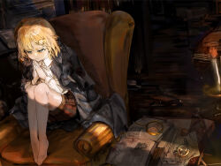 Rule 34 | 1girl, blonde hair, blue eyes, book, candle, chair, commentary request, crack of light, dress shirt, fire, funi mu9, highres, hololive, hololive english, indoors, jacket, magnifying glass, medium hair, monocle, own hands together, pocket watch, shirt, shorts, sitting, solo, thighhighs, virtual youtuber, watch, watson amelia