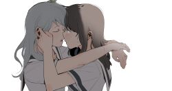 Rule 34 | 2girls, arms around neck, bang dream!, blue hair, blush, brown hair, closed eyes, commentary request, ear blush, forehead-to-forehead, grey shirt, hand on another&#039;s face, heads together, lelioz, long hair, looking at another, matsubara kanon, multiple girls, noses touching, okusawa misaki, parted lips, sailor collar, shirt, short sleeves, simple background, sweat, upper body, white background, white sailor collar, yuri