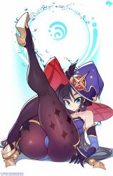 Rule 34 | 1girl, aqua eyes, ass, bare shoulders, black gloves, black hair, black pantyhose, collarbone, commentary, detached sleeves, earrings, full body, genshin impact, gloves, hand on own thigh, hat, high heels, highres, jewelry, krokobyaka, leg up, legs, long hair, looking at viewer, mona (genshin impact), pantyhose, solo, sparkle print, star (symbol), star earrings, thighs, water, witch hat