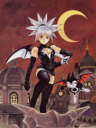 Rule 34 | 1girl, bat wings, black gloves, black thighhighs, blue eyes, breasts, city, cleavage, cleavage cutout, clothing cutout, creature, crescent moon, de-mo, dress, earrings, elbow gloves, facing viewer, flying, full body, gloves, grin, hand on own hip, jewelry, katsura masakazu, komori aimi, long hair, looking at viewer, magical girl, medium breasts, moon, night, night sky, official art, one eye closed, outdoors, panties, panty peek, ponytail, purple eyes, red sky, rooftop, shadow lady, shadow lady (character), short dress, silver hair, skin tight, sky, sleeveless, sleeveless dress, smile, spiked hair, standing, star (sky), starry sky, thighhighs, turtleneck, underwear, wings, wink, zettai ryouiki