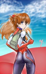 Rule 34 | 1girl, 2021, arc light, ass, bodysuit, breasts, brown hair, curvy, dated, evangelion: 3.0 you can (not) redo, expressionless, eyepatch, highres, huge ass, lips, long hair, looking at viewer, looking back, medium breasts, neon genesis evangelion, plugsuit, rebuild of evangelion, red bodysuit, shiny clothes, skin tight, sky, solo, souryuu asuka langley, twitter username, wide hips