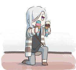 Rule 34 | 1girl, alternate costume, aqua eyes, artist name, black shirt, brown footwear, cardigan, chibi, commentary request, contemporary, expressionless, food, full body, genshin impact, grey pants, hair over one eye, highres, holding, holding food, holding ice cream, ice cream, ice cream cone, jacket, kneeling, long hair, outstretched arms, pants, shenhe (genshin impact), shirt, simple background, solo, striped clothes, striped jacket, vertical-striped clothes, vertical-striped jacket, white hair, xinzoruo