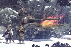 Rule 34 | 3boys, arisaka type 38, bolt action, boots, cannon, caterpillar tracks, coat, earasensha, fire, forest, fur trim, gloves, gun, handgun, imperial japanese army, male focus, military, military vehicle, motor vehicle, multiple boys, nature, original, pistol, rifle, snow, soldier, t-34, tank, tree, type-4 chi-to, uniform, vehicle, weapon, weapon request, winter clothes, winter uniform, world of tanks