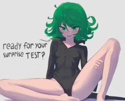 Rule 34 | 1girl, absurdres, black dress, breasts, commentary, daniel deves, dress, english commentary, english text, flipped hair, green eyes, grey background, grey hair, highres, looking at viewer, one-punch man, open mouth, pelvic curtain, short hair, side slit, sitting, small breasts, solo, spread legs, tatsumaki