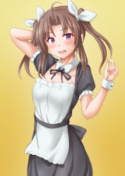 Rule 34 | 1girl, alternate costume, anti (untea9), apron, black dress, brown eyes, cowboy shot, detached collar, dress, enmaided, frilled apron, frilled dress, frills, gradient background, green ribbon, hair ribbon, highres, kagerou (kancolle), kantai collection, long hair, looking at viewer, maid, maid apron, open mouth, puffy short sleeves, puffy sleeves, purple eyes, ribbon, short sleeves, solo, twintails, white apron, wrist cuffs, yellow background