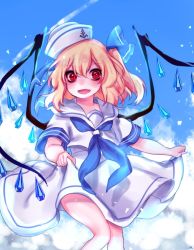 Rule 34 | 1girl, :d, alternate costume, alternate headwear, anchor symbol, blonde hair, blue neckerchief, blue ribbon, blue sky, blush, commentary request, crystal, day, fang, feet out of frame, flandre scarlet, hair between eyes, hair ribbon, hat, korean commentary, neckerchief, one side up, open mouth, outdoors, red eyes, ribbon, sailor collar, sailor hat, sailor shirt, shan, shirt, short hair, skirt, skirt hold, sky, smile, solo, thighs, touhou, white hat, white sailor collar, white shirt, white skirt, wings