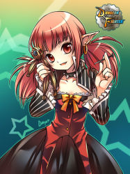 Rule 34 | 00s, 1girl, bow, collar, dress, dungeon and fighter, ear piercing, earrings, fang, fantasy, frills, jewelry, mage (dungeon and fighter), piercing, pink hair, pointy ears, red eyes, shirahane nao, solo, spiked collar, spikes, star (symbol), starry background, twintails, voodoo