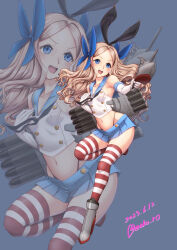Rule 34 | 1girl, asakaze (kancolle), black hairband, black neckerchief, black panties, blue bow, blue eyes, blue sailor collar, blue skirt, bow, commentary request, cosplay, cowboy shot, crop top, elbow gloves, forehead, full body, gloves, grey background, gun, hair bow, hairband, highleg, highleg panties, kantai collection, light brown hair, long hair, machinery, microskirt, miniskirt, moke ro, multiple views, neckerchief, panties, parted bangs, pleated skirt, sailor collar, shimakaze (kancolle), shimakaze (kancolle) (cosplay), shirt, simple background, skirt, sleeveless, sleeveless shirt, standing, standing on one leg, striped clothes, striped thighhighs, thighhighs, underwear, wavy hair, weapon, white gloves, zoom layer