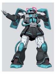 Rule 34 | border, fusion, grey background, gundam, hand on own chest, hatsune miku, highres, mecha, mobile suit gundam, no humans, nyaring943, outstretched arm, robot, signature, simple background, solo, standing, vocaloid, white border, zaku ii