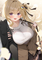 Rule 34 | 1girl, arm hug, bag, black jacket, black ribbon, black skirt, black thighhighs, blonde hair, blush, breasts, brown cardigan, cardigan, cobblestone, collarbone, hair intakes, hair ornament, hair ribbon, hairclip, handbag, heart, heart hair ornament, highres, jacket, large breasts, long hair, open clothes, open jacket, open mouth, original, partially unbuttoned, piyopoyo, pleated skirt, purple eyes, ribbed sweater, ribbon, side ponytail, skirt, sweater, thighhighs, white sweater