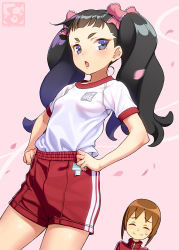 Rule 34 | 2girls, akino matsuki, black hair, blunt bangs, blush, breasts, brown hair, closed eyes, commentary request, cowboy shot, dutch angle, gym shirt, gym uniform, hands on own hips, highres, looking at viewer, multiple girls, open mouth, pairan, pink background, red shorts, seki oriko, serious, shirt, short hair, shorts, small breasts, thighs, twintails, wakaokami wa shougakusei, wavy hair, white shirt