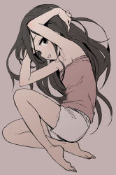 Rule 34 | 1girl, arms up, bare arms, bare shoulders, barefoot, black eyes, black hair, brown background, brown shirt, commentary request, full body, highres, looking at viewer, lying, on side, open mouth, original, shirt, short shorts, shorts, simple background, solo, strapless shirt, white shorts, yamamoto souichirou