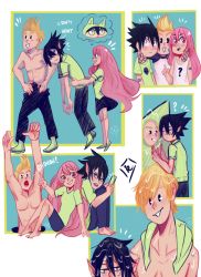 Rule 34 | 10s, 1girl, 2boys, ?, abs, alternate hair color, amajiki tamaki, animal hood, animated, animated gif, arms up, black hair, blonde hair, blush, boku no hero academia, breasts, cellphone, closed mouth, collarbone, english text, eye contact, facing viewer, grin, hadou nejire, hair between eyes, hand up, hands up, happy, hood, index finger raised, laughing, long hair, looking at another, looking at viewer, multiple boys, muscular, open mouth, pants, parted lips, pectorals, phone, pink eyes, pink hair, pointy ears, shirt, shoes, short sleeves, sitting, skirt, sleeveless, sleeveless shirt, smile, spiked hair, standing, t-shirt, talking, teeth, thought bubble, togata mirio, topless, towel, towel around neck, v, very long hair, wet, wet hair