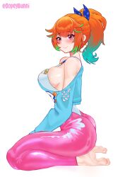 Rule 34 | 1girl, absurdres, artist name, ass, barefoot, breasts, cropped sweater, dopeybunni, earrings, feet, highres, hololive, hololive english, hoop earrings, jewelry, kneeling, large breasts, leggings, leotard, looking at viewer, multicolored hair, off-shoulder sweater, off shoulder, official alternate costume, official alternate hairstyle, orange hair, pink leggings, print leotard, purple eyes, sideboob, simple background, skindentation, smile, soles, sweater, takanashi kiara, takanashi kiara (7th costume), toes, virtual youtuber, white background, white leotard