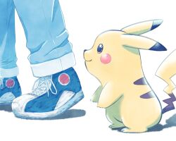 Rule 34 | 1boy, ash ketchum, blue footwear, brown eyes, closed mouth, commentary request, creatures (company), from side, game freak, gen 1 pokemon, highres, male focus, nintendo, oekaki fnyanky, pants, pikachu, pokemon, pokemon (anime), pokemon (classic anime), pokemon (creature), shoes, simple background, smile, sneakers, standing, white background