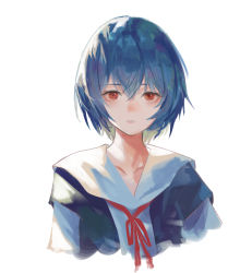 Rule 34 | 1girl, absurdres, ayanami rei, blouse, blue hair, blue shirt, closed mouth, collarbone, commentary, cropped torso, expressionless, hair between eyes, highres, jenmin12, looking at viewer, neck ribbon, neon genesis evangelion, red eyes, red ribbon, ribbon, sailor collar, school uniform, serafuku, shirt, short hair, simple background, solo, tokyo-3 middle school uniform, upper body, white background, white sailor collar