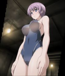 Rule 34 | 10s, 1girl, breasts, closed mouth, collarbone, guilty+, hair ornament, hairclip, highres, ichinose anna, large breasts, nipples, one-piece swimsuit, purple hair, ran sem, screencap, short hair, standing, stitched, swimsuit, third-party edit