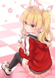Rule 34 | 1girl, blonde hair, blue archive, brown eyes, eating, hair ribbon, halo, harada (sansei rain), highres, holding, jacket, miniskirt, red jacket, ribbon, shoes, sitting, skirt, sneakers, spoon, thighhighs, track jacket, twintails, yoshimi (blue archive), zettai ryouiki