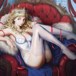 Rule 34 | 1girl, arm rest, armpits, ass, bare arms, bare shoulders, blonde hair, blue coat, blue eyes, bow, breasts, bustier, chair, circlet, cleavage, coat, unworn coat, collarbone, crown, curtains, diadem, earrings, eyelashes, fingernails, frills, from side, fur-trimmed coat, fur trim, garter belt, gem, grey thighhighs, hair ornament, hair over shoulder, hand on own knee, headdress, highleg, highleg panties, highres, hip focus, indoors, jewelry, lace-trimmed bustier, lace trim, leaning back, leaning on object, legs up, light smile, lingerie, lips, long hair, looking at viewer, loped, medium breasts, necklace, nose, original, panties, patterned clothing, plantar flexion, red ribbon, ribbon, shiny clothes, shiny skin, sitting, solo, thighhighs, throne, underwear, underwear only, veins, wavy hair, white bow, white panties, window