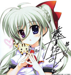 Rule 34 | 10s, 1girl, :3, :o, asteion, blue eyes, braid, cat, einhard stratos, fujima takuya, green hair, heart, highres, long hair, looking at viewer, lyrical nanoha, mahou shoujo lyrical nanoha, mahou shoujo lyrical nanoha vivid, official art, open mouth, ponytail, scan, solo, steepled fingers, upper body