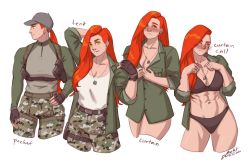 Rule 34 | 1girl, abs, baseball cap, black bra, black gloves, black panties, blush, bra, breast pocket, breasts, camouflage, camouflage pants, cleavage, cowboy shot, cropped legs, curtain call challenge (meme), dated, earrings, english text, fingerless gloves, gloves, green shirt, grey headwear, hat, holstered, jewelry, large breasts, long hair, long sleeves, looking at viewer, meme, military, military uniform, multiple views, musketsgoboom, necklace, original, panties, pants, parted lips, pocket, profile, raglan sleeves, red hair, shirt, shirt tucked in, signature, underwear, uniform, white shirt, yellow eyes