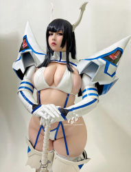 Rule 34 | absurdres, black hair, blue eyes, breasts, clothes, cosplay, elbow gloves, expressionless, female focus, gloves, highres, holding, holding weapon, kill la kill, kiryuuin satsuki, kiryuuin satsuki (cosplay), long hair, looking at viewer, medium breasts, model, partially undressed, photo (medium), real life, solo, sword, uyuy2907, weapon