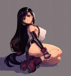 Rule 34 | 1girl, ass, black hair, breasts, cleavage, commentary, covered erect nipples, crop top, dangle earrings, detached sleeves, earrings, elbow gloves, english commentary, final fantasy, final fantasy vii, fingerless gloves, from side, full body, gloves, head tilt, highres, jewelry, long hair, looking at viewer, looking to the side, lying, on side, optionaltypo, panties, pantyshot, red footwear, shadow, sideboob, signature, simple background, skirt, smile, solo, square enix, suspender skirt, suspenders, thighs, tifa lockhart, underwear, upskirt, white background