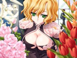 Rule 34 | 1girl, blonde hair, breasts, carnelian, cleavage, cleavage cutout, clothing cutout, floral print, flower, game cg, green eyes, hiidome yami, large breasts, lily (flower), night demon, no bra, pink flower, pink rose, rose, short hair, solo, tulip, window