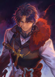 Rule 34 | 1boy, bartholomew roberts (fate), black hair, black sweater vest, blood, blood on clothes, blood on face, blue eyes, commentary request, cross, fate/grand order, fate (series), fur trim, gun, handgun, highres, looking at viewer, male focus, mashuu (neko no oyashiro), parted bangs, pistol, shirt, smile, solo, sweater vest, weapon, white shirt