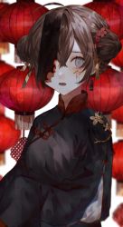 Rule 34 | 1girl, absurdres, black dress, brown hair, chinese clothes, commentary request, double bun, dress, earrings, facial mark, grey eyes, hair between eyes, hair bun, highres, iwai ku tsuki, jewelry, lantern, looking at viewer, ofuda, one eye covered, original, paper lantern, parted lips, solo, upper body
