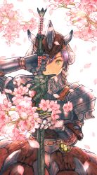 Rule 34 | 1girl, armor, belt, belt buckle, brown belt, buckle, cherry blossoms, closed mouth, flower, gauntlets, green eyes, holding, holding sword, holding weapon, katana, kuroimori, looking at viewer, monster hunter, monster hunter: world, monster hunter (series), pauldrons, petals, pink flower, pink rathian (armor), purple hair, short hair, shoulder armor, smile, solo, sword, weapon, white background
