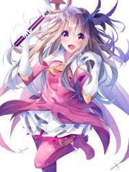 Rule 34 | 1girl, :d, absurdres, ascot, blonde hair, blue hair, blush, boots, elbow gloves, fate/kaleid liner prisma illya, fate (series), feather hair ornament, feathers, floating hair, gloves, gradient hair, hair between eyes, hair ornament, highres, holding, holding staff, illyasviel von einzbern, layered skirt, leg up, long hair, magical girl, magical ruby, multicolored hair, open mouth, orange ascot, pink feathers, pink footwear, pink shirt, pleated skirt, prisma illya, red eyes, shirt, simple background, skirt, sleeveless, sleeveless shirt, smile, solo, staff, standing, standing on one leg, suisen-21, thigh boots, thighhighs, two-tone hair, very long hair, white background, white gloves, white skirt